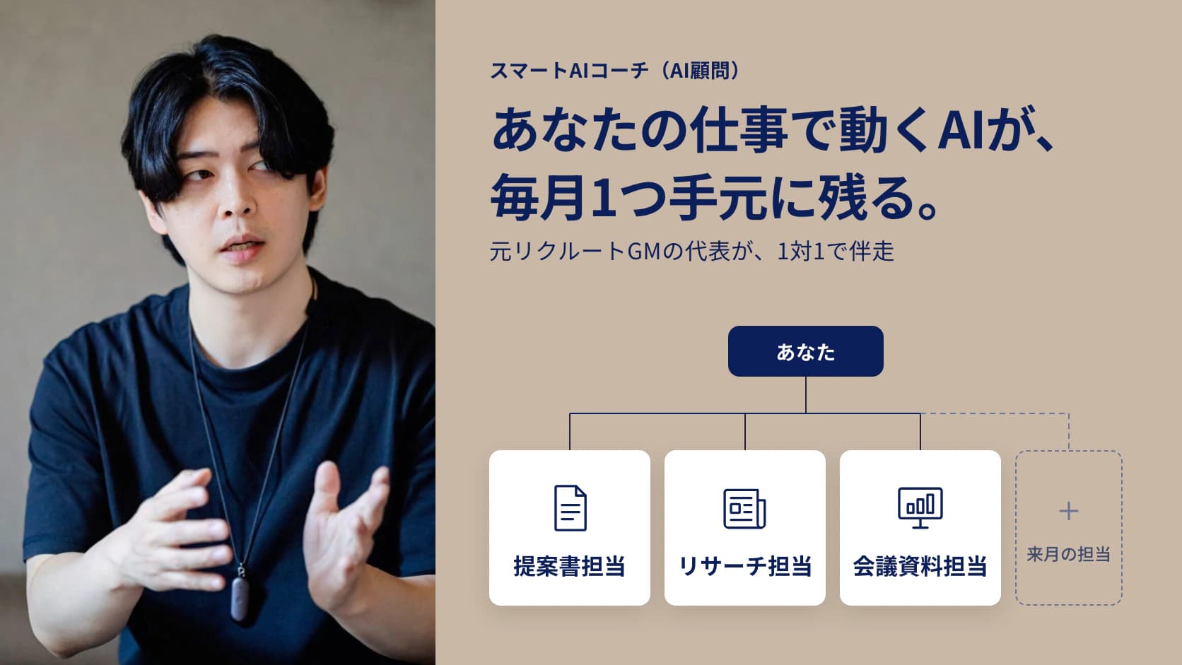 スマートAIコーチ(AI顧問)|あなたの仕事で動くAIが、毎月1つ手元に残る。元リクルートGMの代表が、1対1で伴走(あなたから分かれるAI社員の図: 提案書担当・リサーチ担当・会議資料担当・来月の担当)